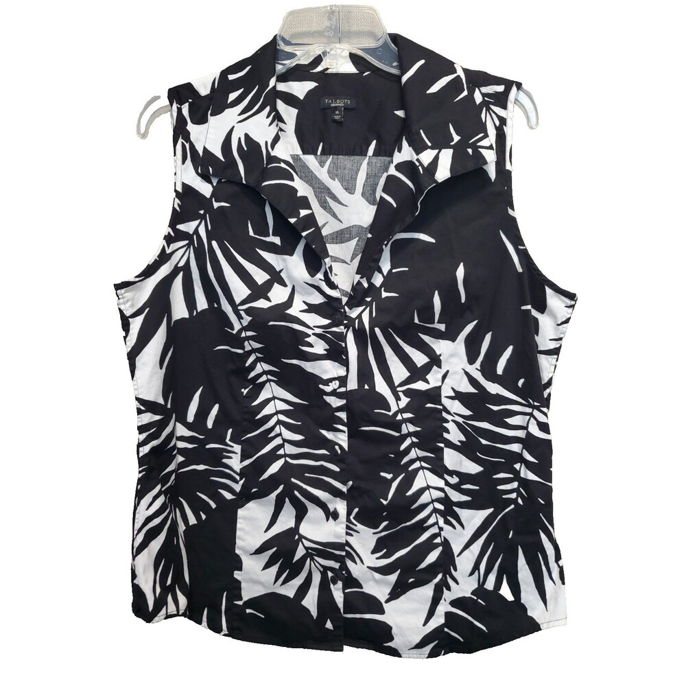 Talbots Black Palm Print Cotton Blend Sleeveless Button-Up Shirt Size 16